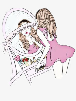 粉色镜子照镜子化妆的女生高清图片