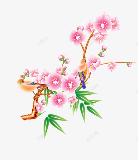 腊梅的喜鹊png免抠素材_新图网 https://ixintu.com 吉祥 喜鹊 年画 春节 梅花 粉红 绿叶 装饰