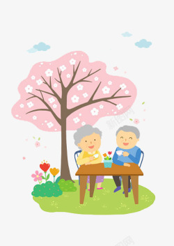 奶奶喝茶卡通树下喝茶的老人高清图片