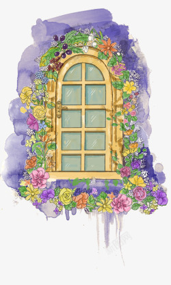 水彩窗户门手绘花门高清图片
