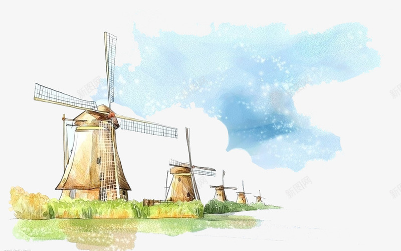 荷兰的风车手绘png免抠素材_新图网 https://ixintu.com 手绘 荷兰 装饰图案 风车