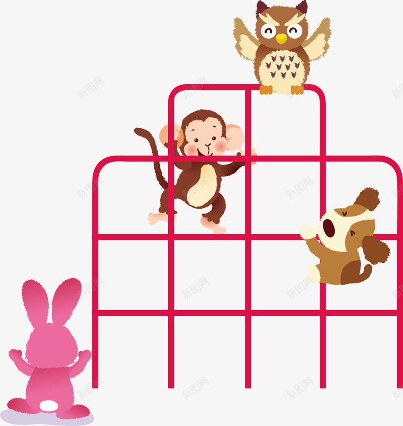 卡通爬梯子的小动物png免抠素材_新图网 https://ixintu.com 动物 卡通 小狗 小白兔 猫头鹰 猴子