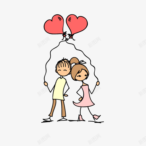 背对背站着的小情侣png免抠素材_新图网 https://ixintu.com 幸福的 心形气球 情侣 相爱的 简笔画 绳子 装饰