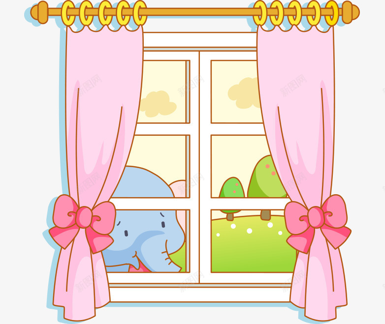 卡通手绘紫色窗帘窗外大象风景png免抠素材_新图网 https://ixintu.com 卡通的动物 手绘的大象 窗外的风景 紫色的窗帘