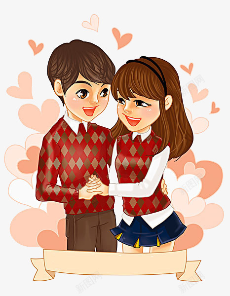卡通情侣抱在一起png免抠素材_新图网 https://ixintu.com 卡通 情侣抱在一起 漂浮的爱心装饰 相拥的男女 站立的人物