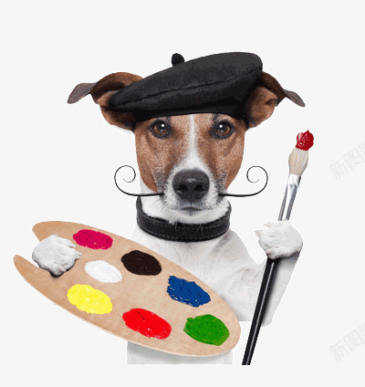 小狗拿着画笔png免抠素材_新图网 https://ixintu.com 帽子 彩色 画板