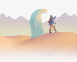 沙漠行走的老人和他的影子素材