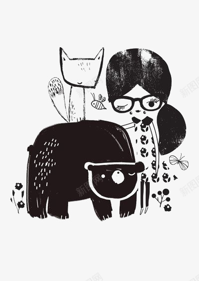 小女孩和动物们png免抠素材_新图网 https://ixintu.com 女孩 熊 狐狸 黑白插画 黑白狐狸