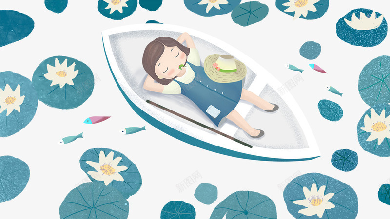 卡通手绘躺在船上睡觉的女孩psd免抠素材_新图网 https://ixintu.com 卡通 手绘 熟睡少女 绿色荷叶 荷花装饰 躺在船上睡觉的女孩
