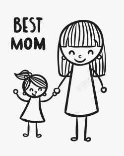 矢量母亲节素材手绘妈妈和女儿手拉手高清图片