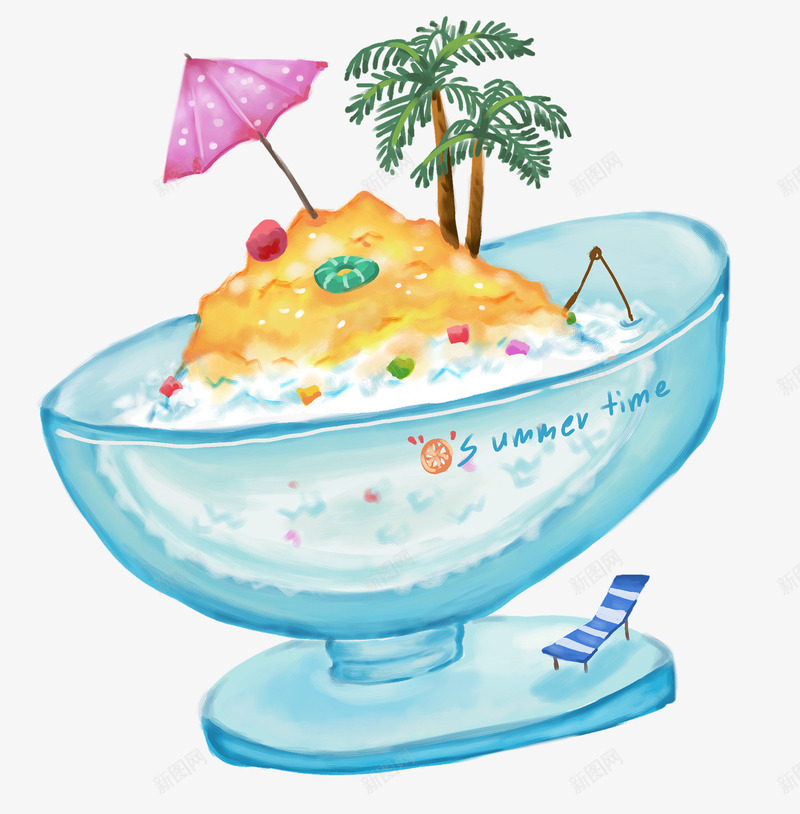 杯中的沙滩一角png免抠素材_新图网 https://ixintu.com 伞 手绘 树 椅子 沙滩 海浪 蓝色