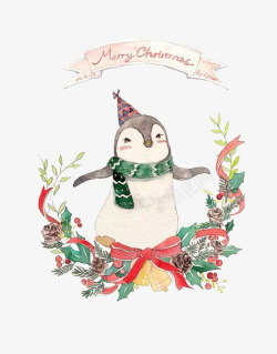 手绘小企鹅水彩手绘圣诞小企鹅高清图片