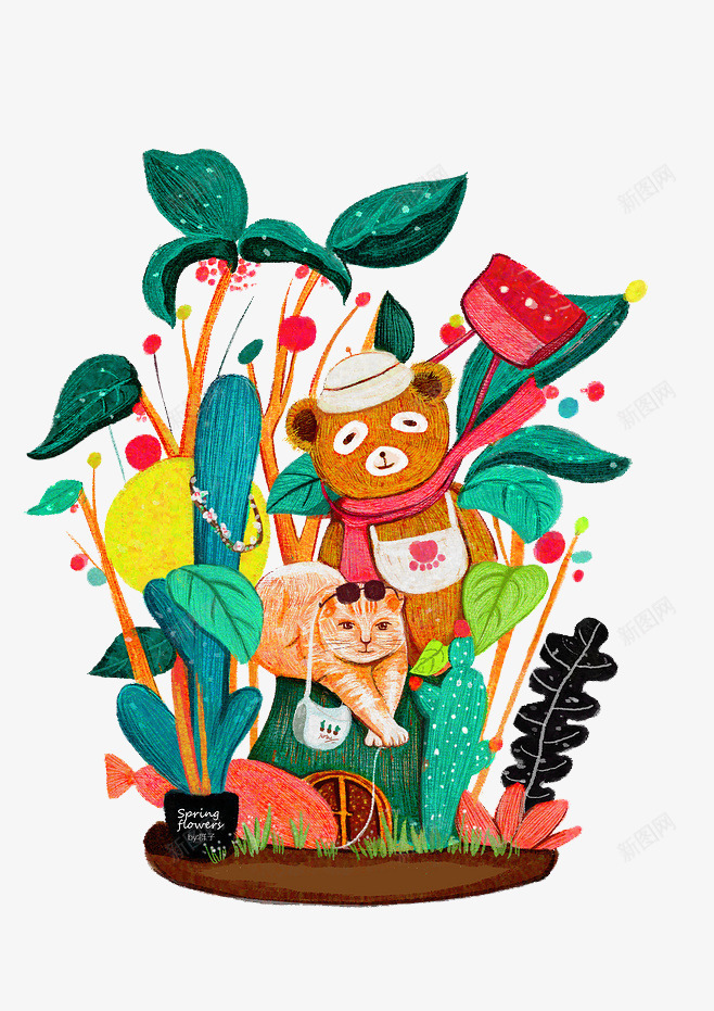 手绘彩铅卡通动物植物png免抠素材_新图网 https://ixintu.com 动物 卡通 小熊 彩铅 手绘 植物 猫咪
