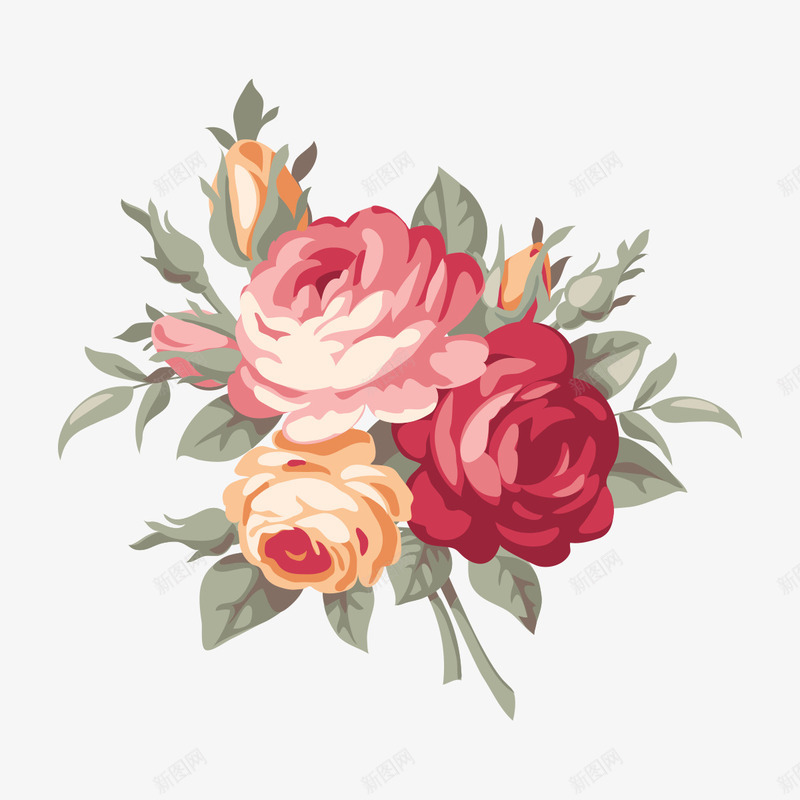 三朵花简图png免抠素材_新图网 https://ixintu.com 卡通 叶子 手绘 桔梗 粉色 红色 绿色 花朵