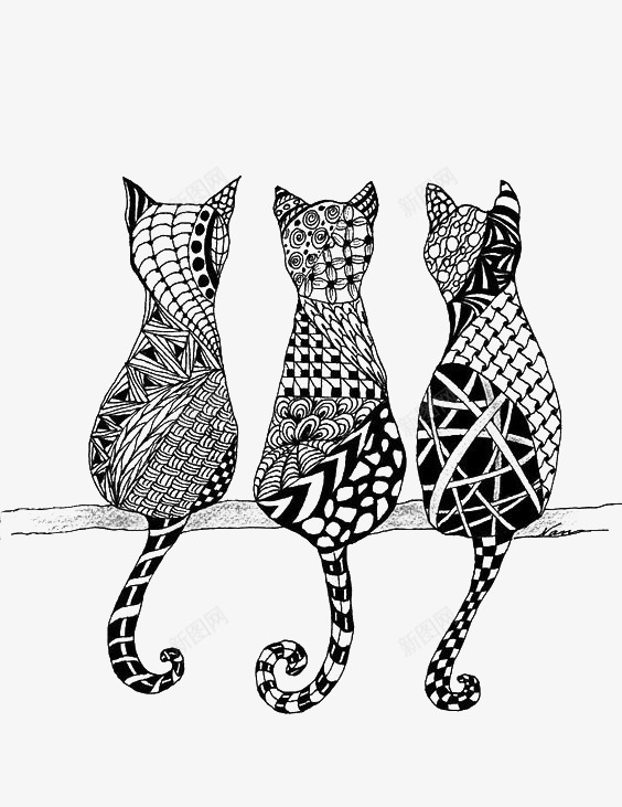 猫咪png免抠素材_新图网 https://ixintu.com 创意猫咪 卡通猫咪 填色练习 手绘猫咪 猫咪背影 花纹猫咪 黑白猫咪