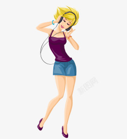 戴军帽的美女卡通时尚美女戴耳机听音乐跳舞矢高清图片