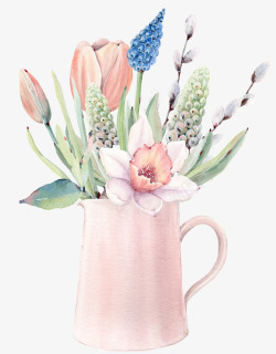 免抠粉色水壶手绘水彩郁金香植物高清图片