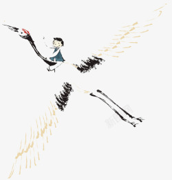 骑熊的少年卡通手绘男孩骑丹顶鹤高清图片