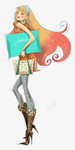 漂亮的包包手绘时尚插图女孩侧身高清图片