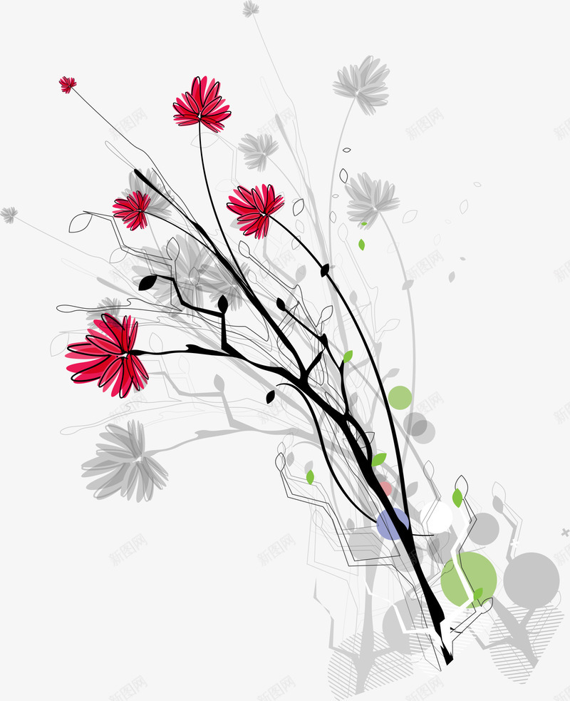 红色线条花朵png免抠素材_新图网 https://ixintu.com 免抠PNG 文艺 植物 清新 红色 线条 花朵 装饰图案