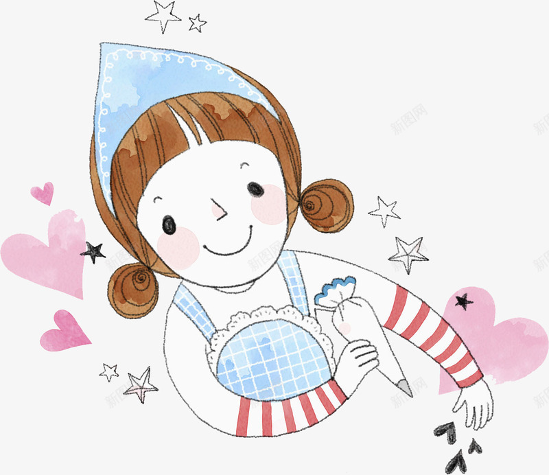 手绘做蛋糕的小女孩png免抠素材_新图网 https://ixintu.com 卡通 可爱的 围裙 女生 心形 漂亮的 面点师