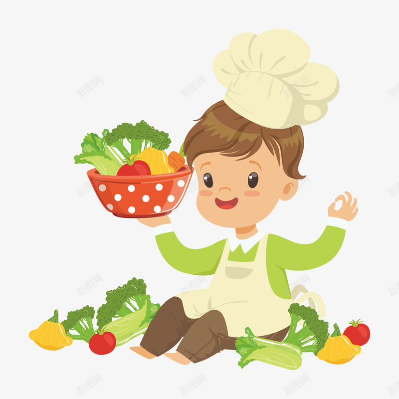 戴厨师帽的卡通男孩png免抠素材_新图网 https://ixintu.com 卡通 厨师帽 围裙 小男孩 新鲜的 蔬菜 食物