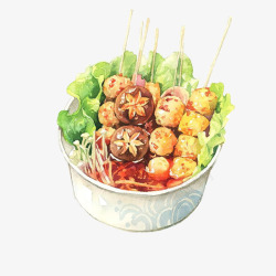 手绘金针菇可爱的碗中的串串高清图片
