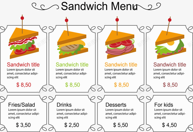 三明治菜单矢量图eps_新图网 https://ixintu.com 三明治菜单 快餐 早餐菜单 矢量png 菜单 矢量图