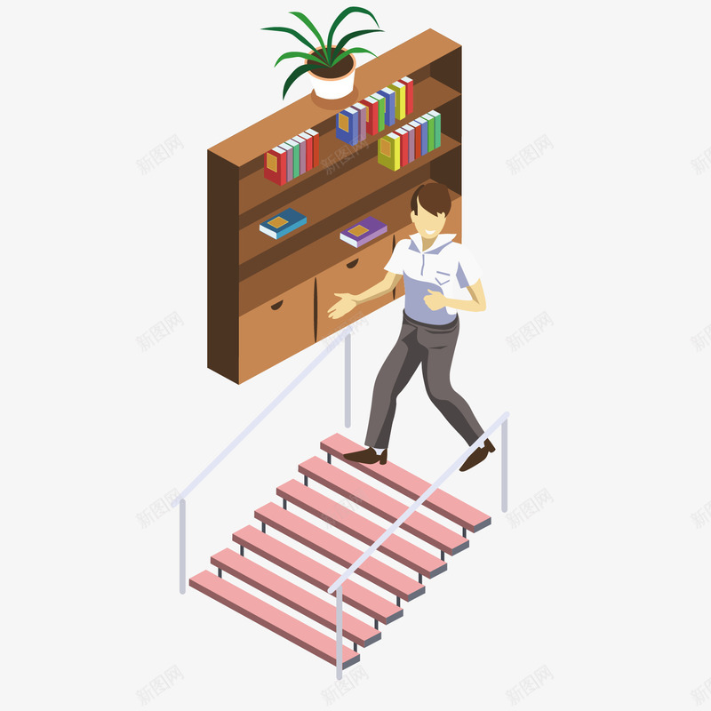 棕色书架绘画矢量图ai免抠素材_新图网 https://ixintu.com 下楼 个性 书架 卡通 手绘 架子 楼梯 盆栽 简单 矢量图