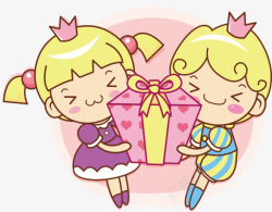 粉红女孩免扣抱礼物的两个卡通小孩高清图片