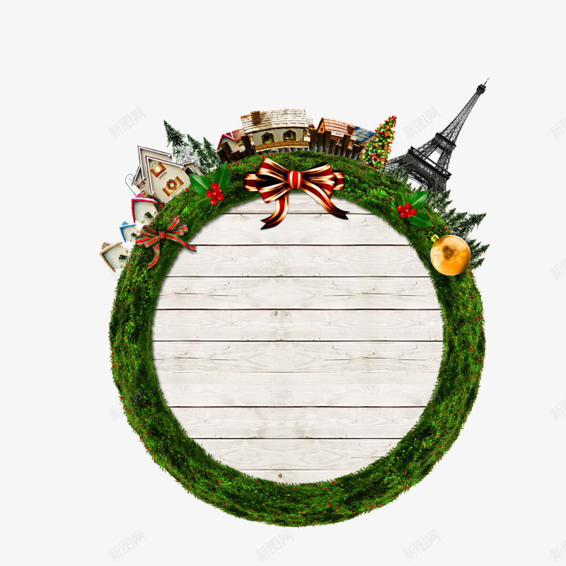 圆环上的房子psd免抠素材_新图网 https://ixintu.com 圣诞树 圣诞节素材源文件 条纹蝴蝶结 欧式建筑 绿色花环