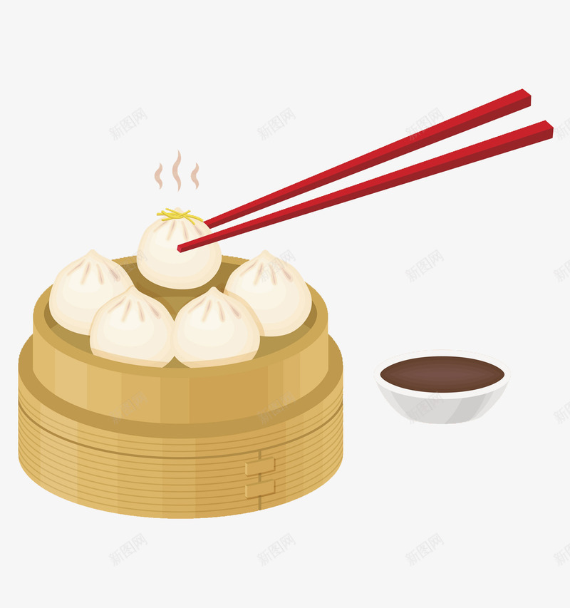 卡通一屉包子图png免抠素材_新图网 https://ixintu.com 中国风 包子 卡通 插图 筷子 美食 蘸料 食物
