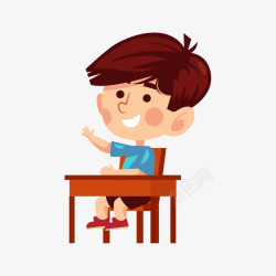 站在课桌前坐在课桌前举手的卡通男孩矢量图高清图片
