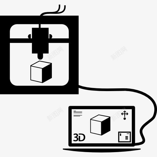 3D打印机连接到电脑打印一个立方体图标png_新图网 https://ixintu.com 3D打印机 印刷 工具 工具和用具 笔记本 计算机 连接
