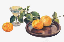 油画静物写生盘子里的柑橘和酒杯静物画高清图片