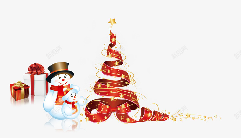 圣诞节免费psd免抠素材_新图网 https://ixintu.com 丝带缠成的圣诞树 可爱的小雪人 小星星 礼物 金色的丝线