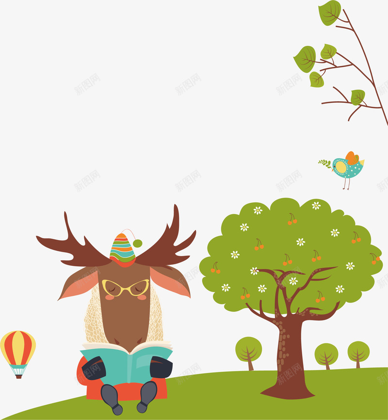 坐在草地上看书的鹿矢量图ai免抠素材_新图网 https://ixintu.com 书 创意 卡通 小鸟 彩色 手绘 树 清新 草地 鹿 矢量图