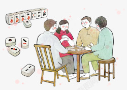 四人方桌打麻将的传统插画高清图片