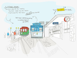手绘插图火车站站台素材
