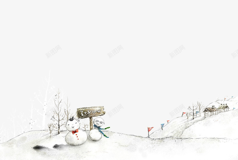 手绘雪地里的房子雪人png免抠素材_新图网 https://ixintu.com 下雪 冬天 房子 指示牌 白色 雪人 雪地 雪球 雪花