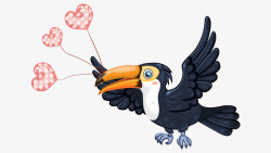 卡通手绘黑色鹦鹉飞行叼心形气球素材