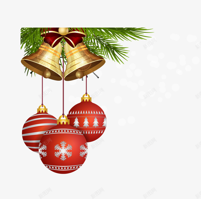 圣诞红色彩球金色铃铛png免抠素材_新图网 https://ixintu.com 圣诞节 扁平 红色圆球 绿叶 金色铃铛