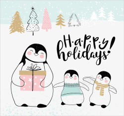 手绘企鹅手绘圣诞企鹅礼盒背景矢量图高清图片