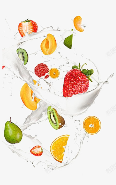 动感牛奶中的水果png免抠素材_新图网 https://ixintu.com 动感牛奶中的水果 喷溅 树莓 猕猴桃 草莓 黄桃