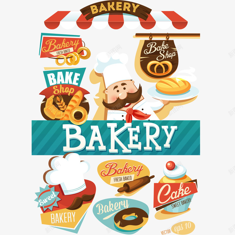 面包店促销png免抠素材_新图网 https://ixintu.com 卡通 厨师 厨师帽 手绘 擀面杖 标签 甜甜圈 蛋糕 面包店