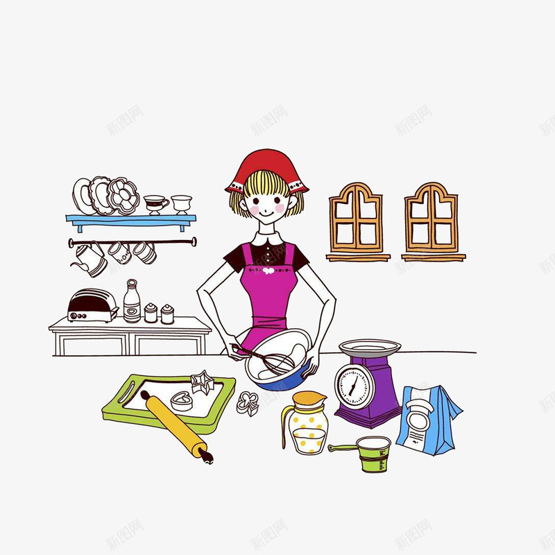卡通在厨房制作蛋糕的女孩png免抠素材_新图网 https://ixintu.com 下厨女孩 制作蛋糕过程 卡通厨娘 卡通厨房 搅拌蛋液