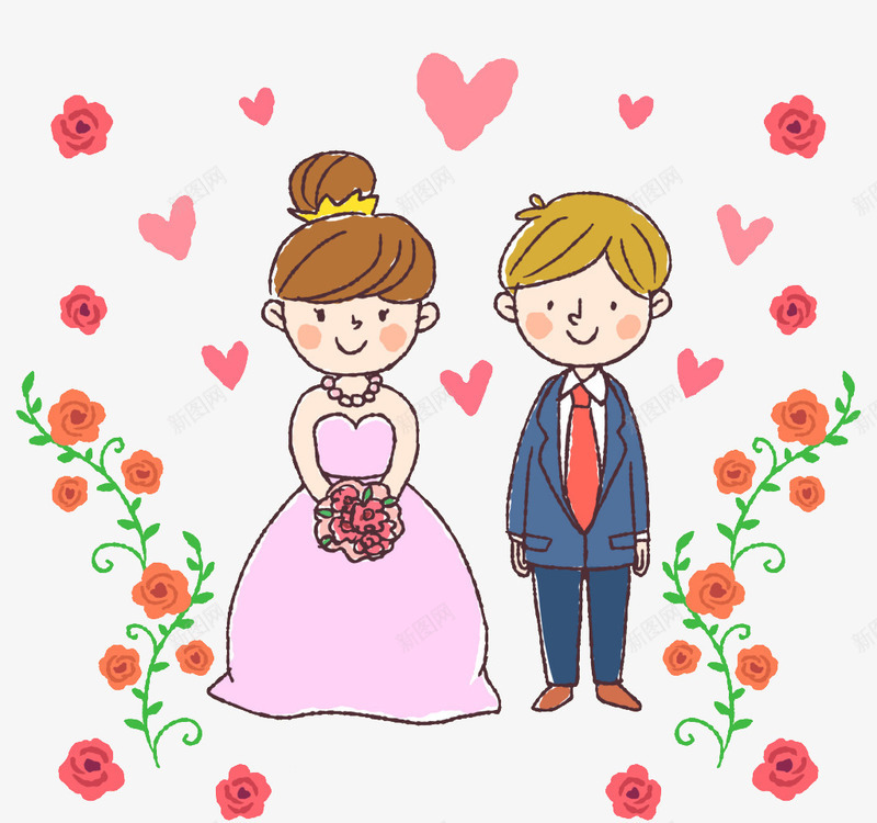 手绘新郎新娘png免抠素材_新图网 https://ixintu.com 婚庆 婚礼 新郎新娘 爱心 结婚 花