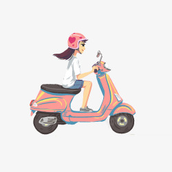 手绘可爱插画骑摩托车的女孩素材