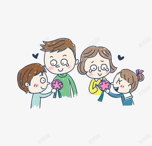 带红花的父母png免抠素材_新图网 https://ixintu.com 卡通 子女 孝顺的 母亲 激动地 父亲 红花