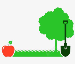 绿色树木旁的铲子与苹果素材
